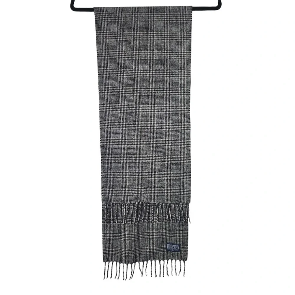 LANDS' END VINTAGE 90s Lambswool Glen Plaid Scarf Gray Fringe Made in‎ Britain